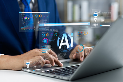HR employee using AI technology to increase efficiency and data analysis from a AI solutions chatbot 