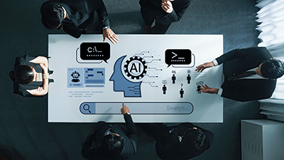 business table with the letters AI prominently featured right in the center of all the business tasks