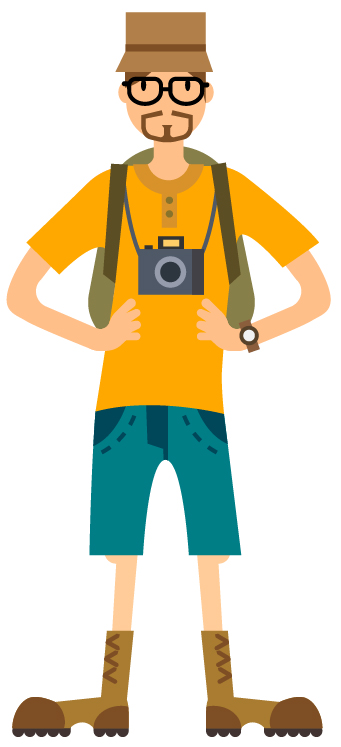 Illustration of a person with a camera and backpack. 