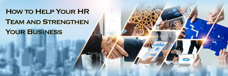 Montage of HR related images with city business district background symboling how to help your HR