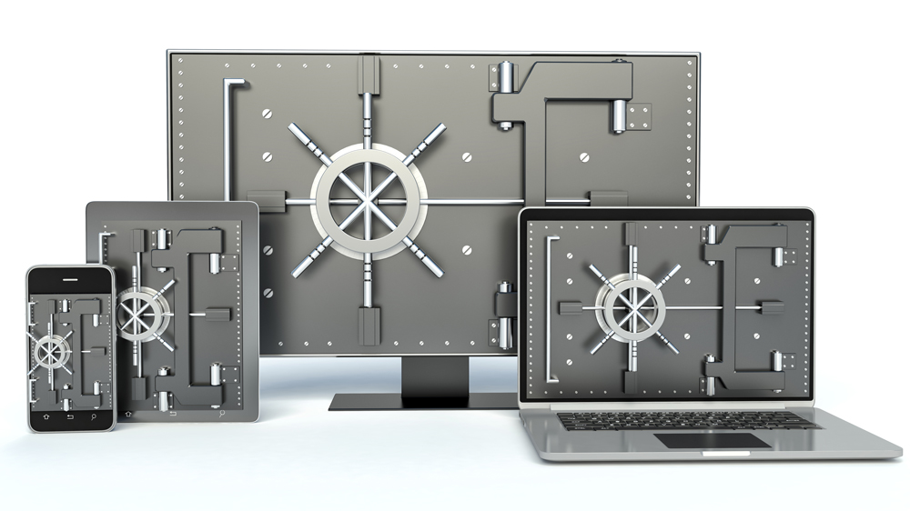 photo of computer, laptop, ipad, iphone all with giant bank vault type of locks superimposed on top of them