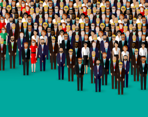 illustration of a very large group of business employees with some dressed casually and some with beards.