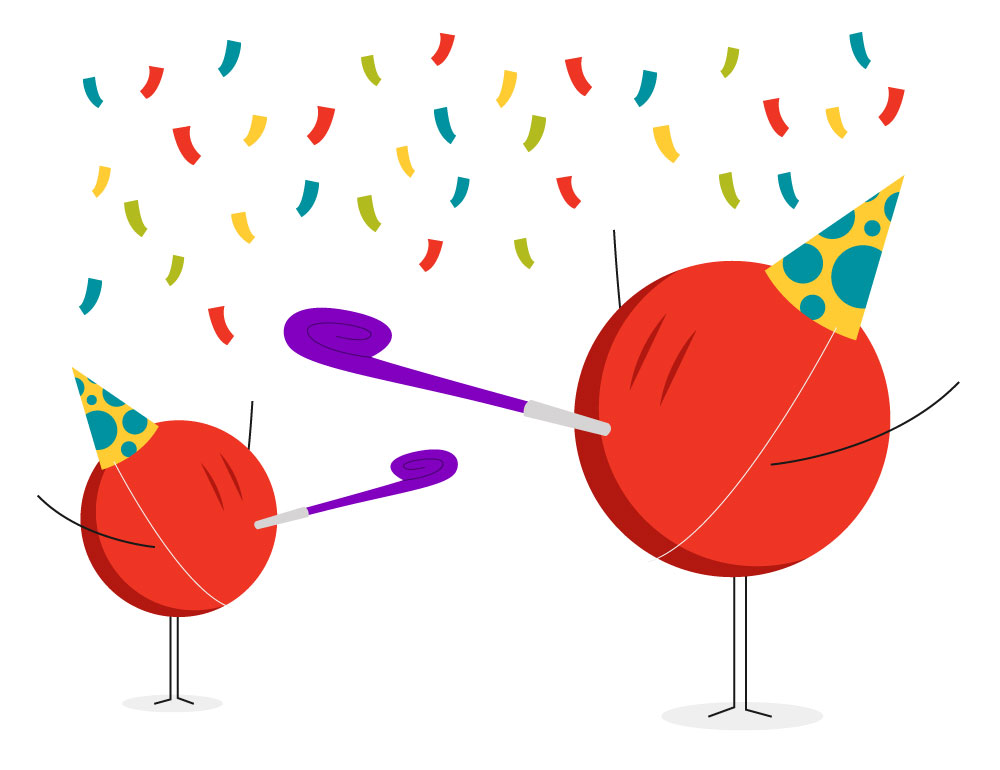 symbolic icons representing employees with party hats on celebrating at work