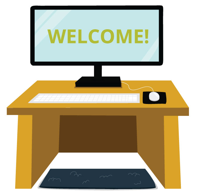 illustration of employee desk with computer screen showing welcome