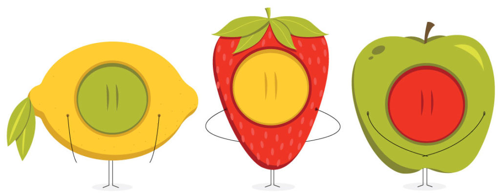 icon symbols representing healthy fruits showing an apple, strawberry lemon.