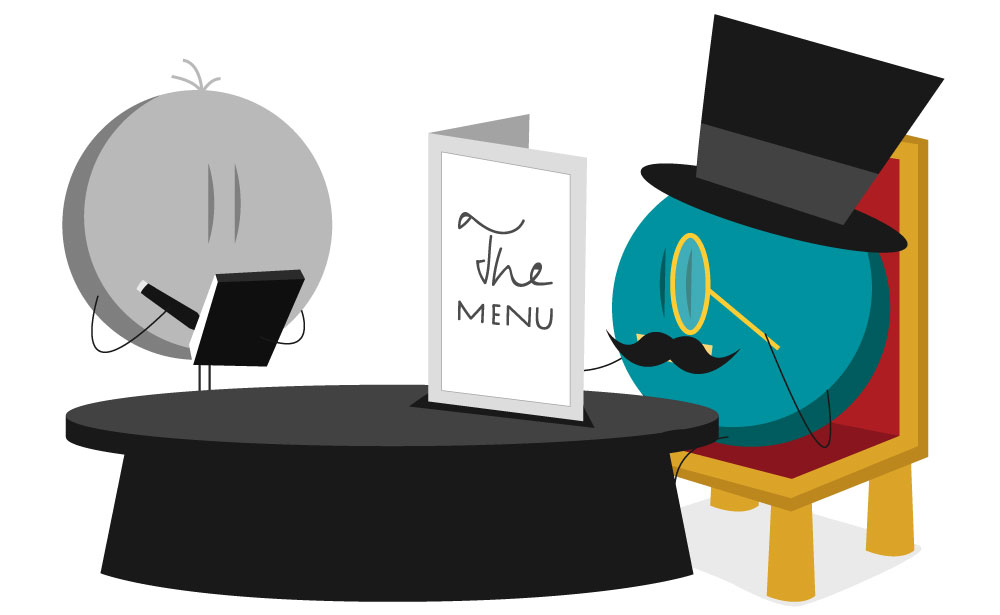 everything-is-on-the-menu illustration with icon symbols of a waiter taking the dinner order from wealthy businessman