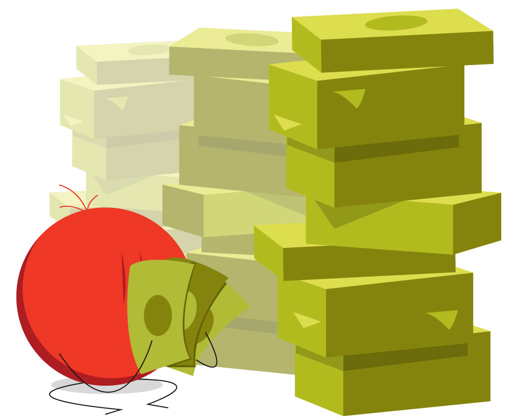 gleep-counting-money illustration of icon symbol of business owner sitting next to huge pile of cash