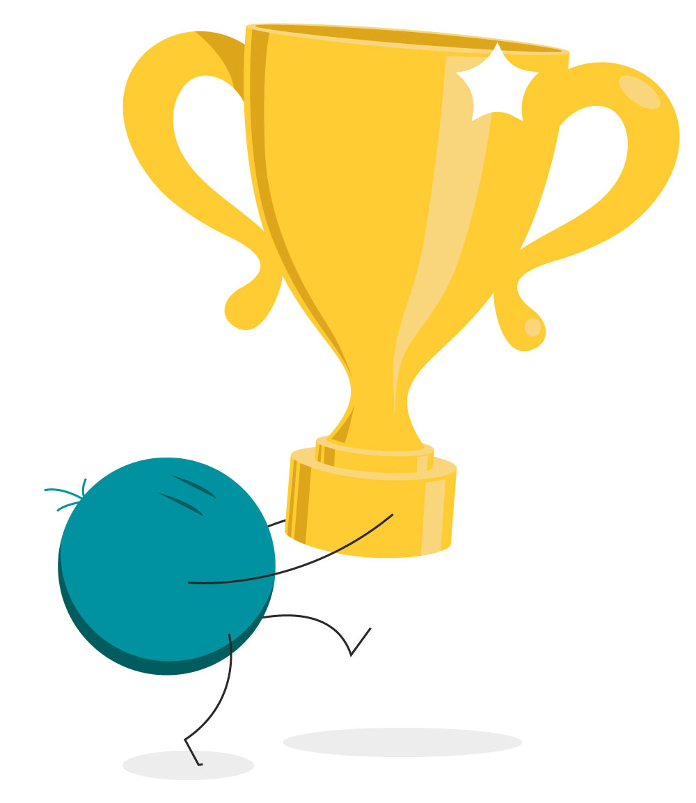 Icon symbol of a happy employee carrying a large trophy