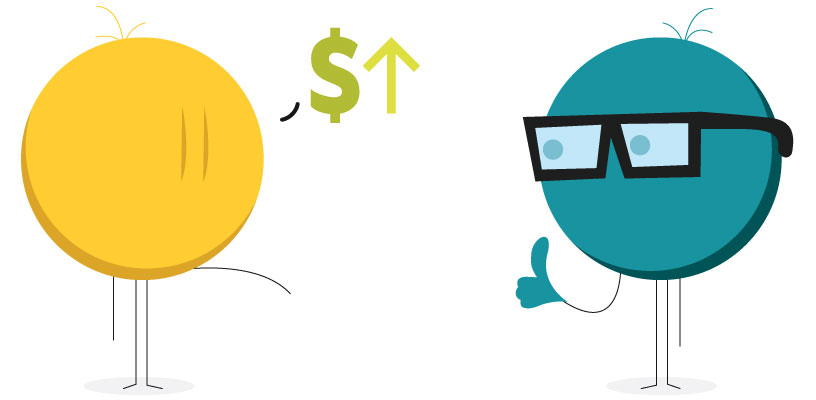 icons symbolizing a employee getting a raise shown with a dollar sign from a boss giving the thumbs up gesture