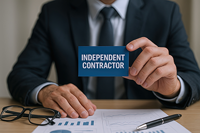 business card being held up reading independent contractor