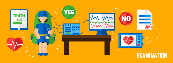 illustration of job applicant sitting and hooked up to a lie detector