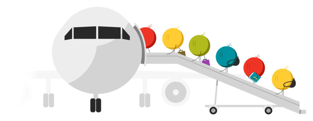 illustration of 6 icon symbols all holding briefcases and boarding a plane together single file