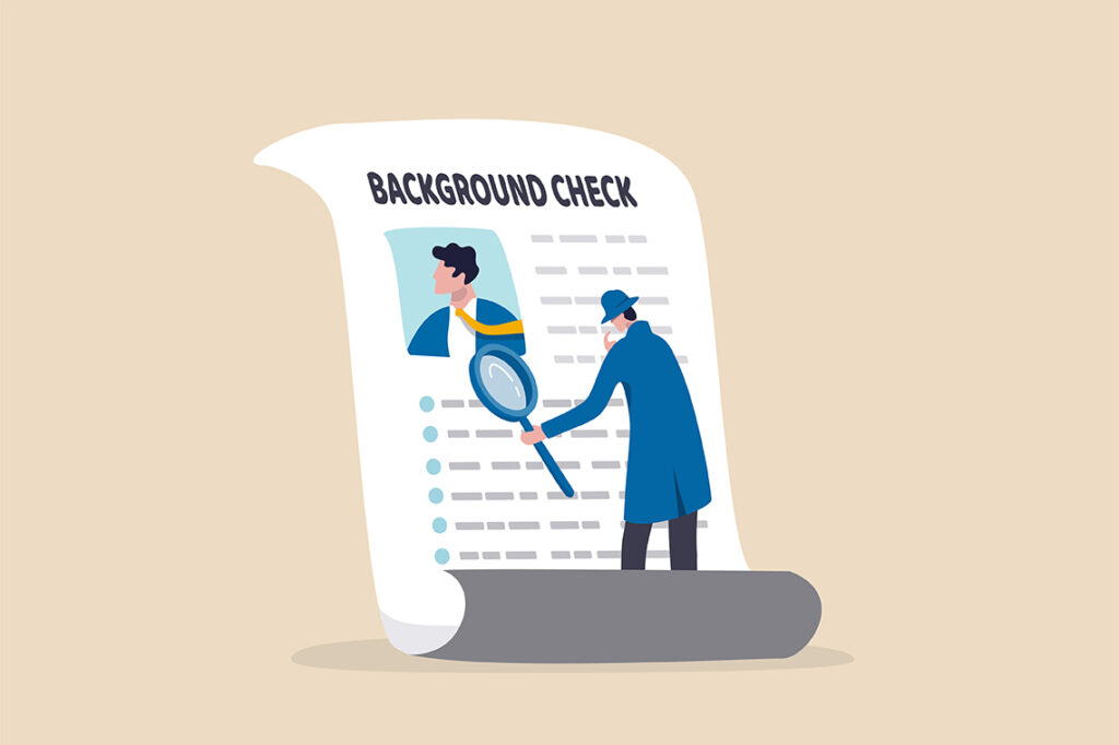 person holding magnifying glass looking at resume background check for employment