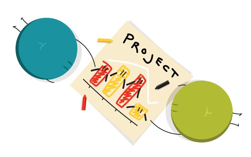 Icons symbolizing project management with employees drawing together on paper