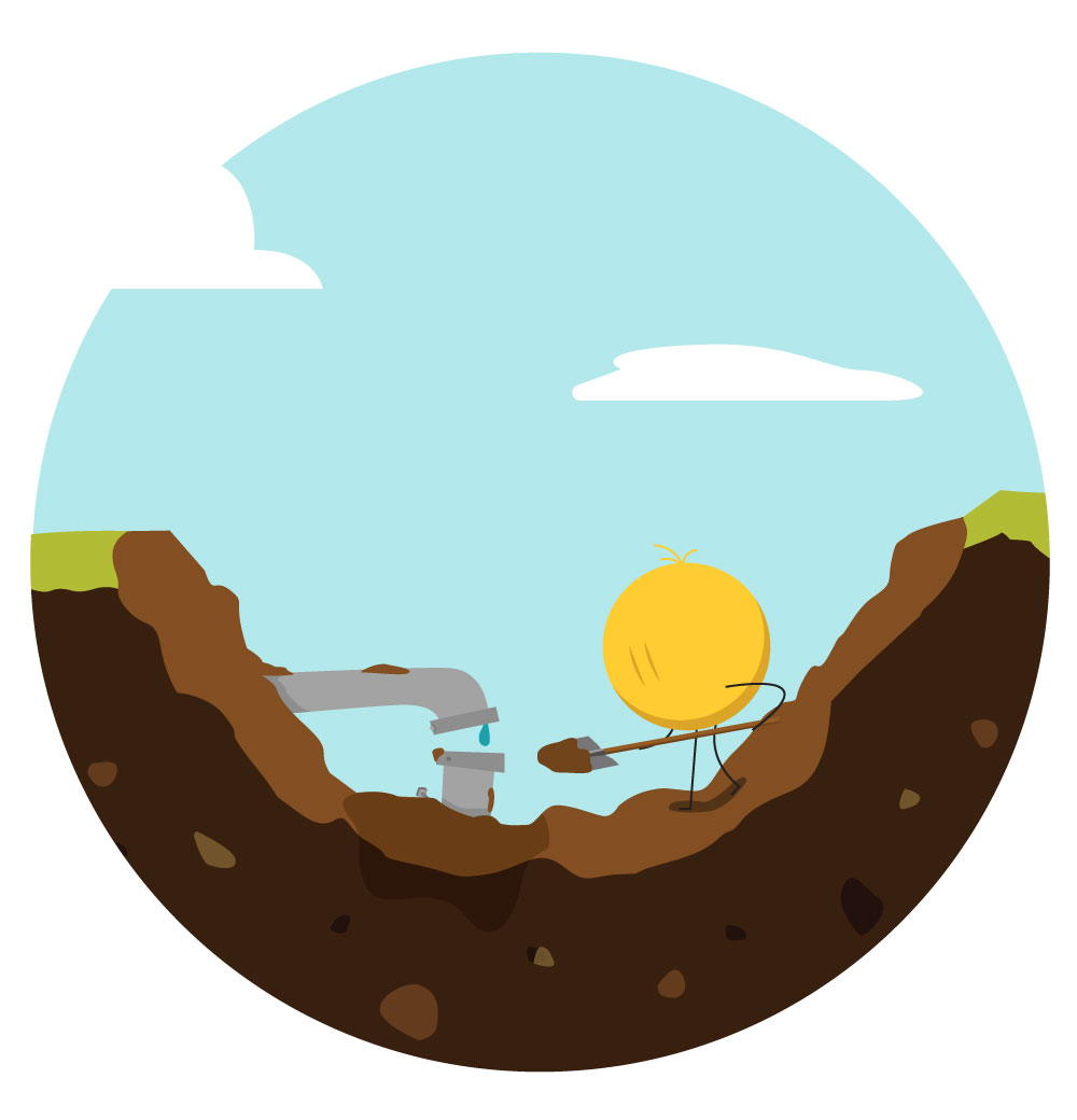 uncovering-issue-broken-pipe illustration of a icon symbol digging under the eath to locate a broken section of pipe