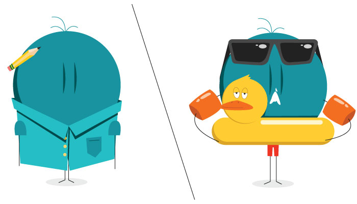 icon symbols representing an employee at work and then after work swimming with a rubber ducky floatation device
