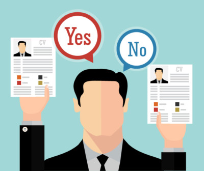 illustration showing a business person holding up two resumes one that is accurate and one that has resume fraud